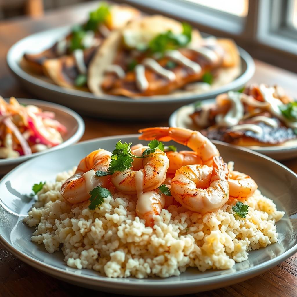 shrimp cauliflower fried rice and grilled halibut tacos